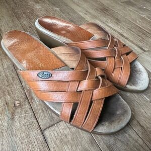 Vintage‎ 80s Bass Sunjuns Women's Brown Leather Woven Wedge Slide Sandals 7.5